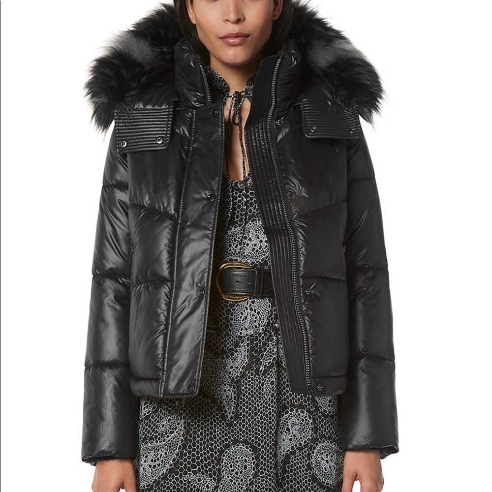 Andrew Marc Minna Black Quilted Puffer Jacket with Faux Fur Hood size Medium NWT